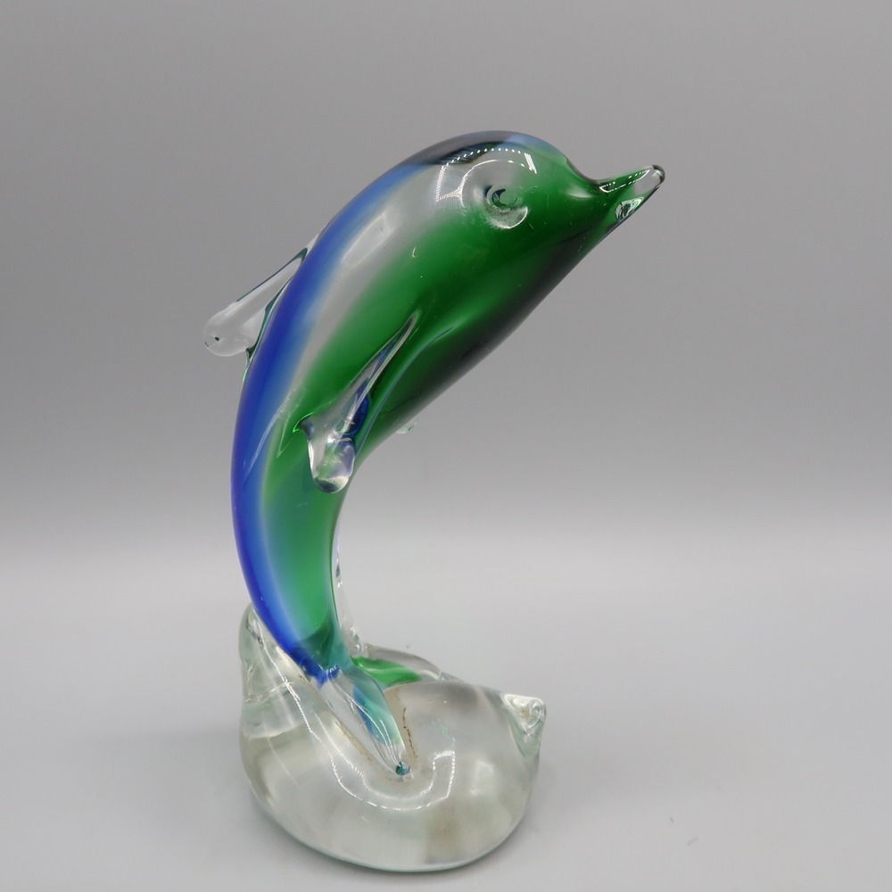 Vintage Art Glass Dolphin Figurine Paperweight Hand Blown Blue Green Clear 5.5"